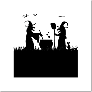 Funny and scary halloween witches cat and bats Posters and Art